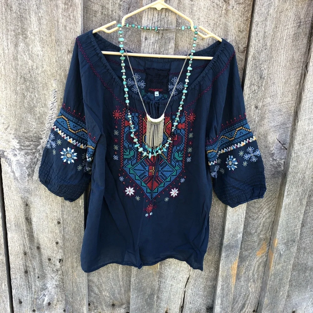 Johnny Was 3J Workshop Embroidered Bohemian Peasant Blouse Size Medium Blue - Picture 9 of 14